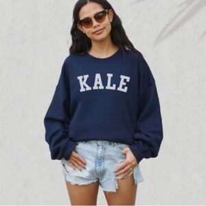 “Kale” dark blue crewneck long sleeve sweater Vegan vegetarian Winter small